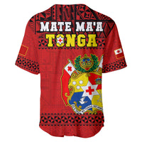 Red rugby jersey back with large 'MATE MA'A TONGA' text and crest graphic