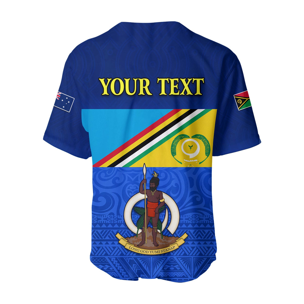 Blue baseball jersey back with YOUR TEXT and Torba flag graphic panel