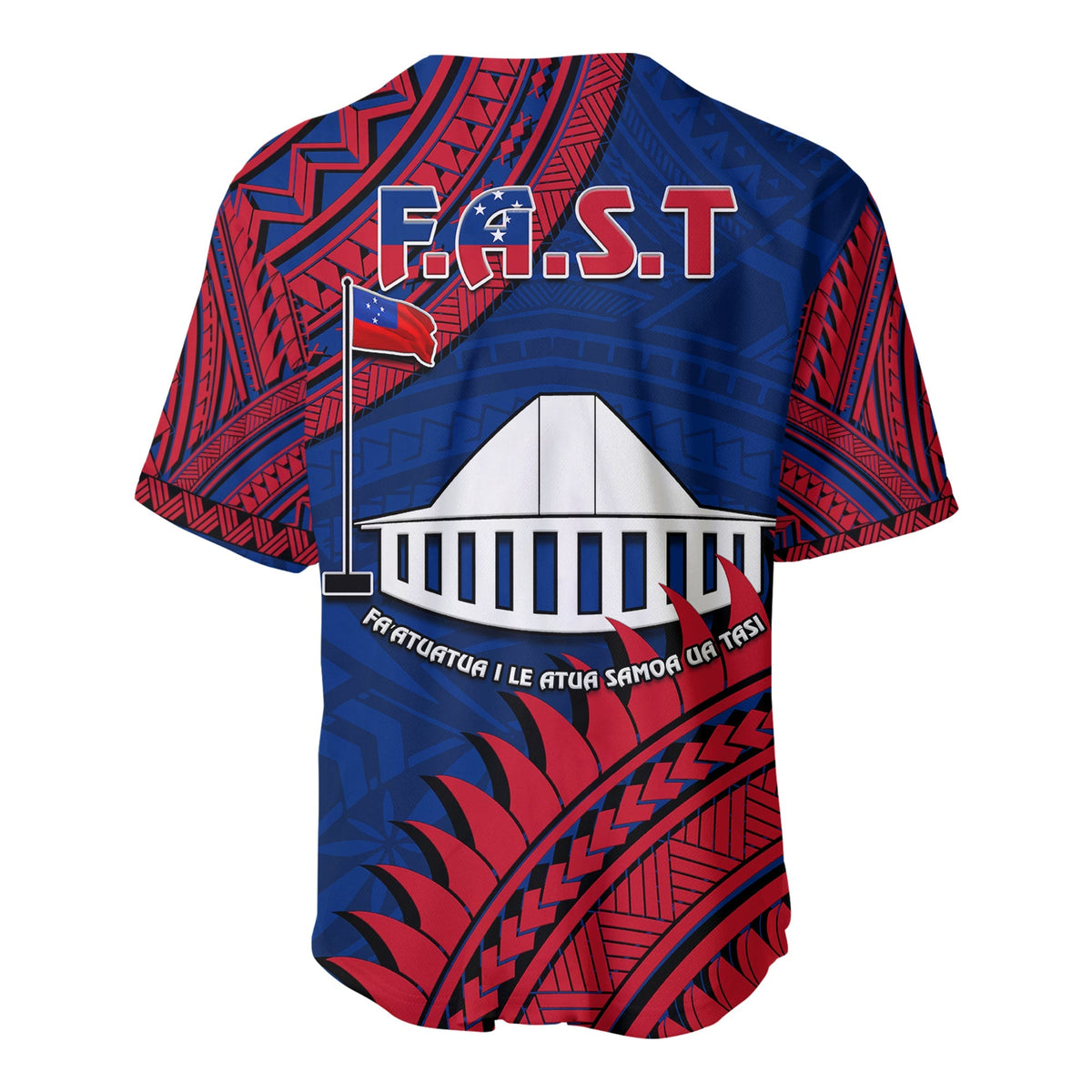 Back view blue-red F.A.S.T baseball jersey with flag graphic and Polynesian pattern