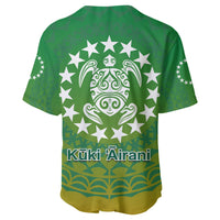 Green baseball jersey back with large star wreath sea turtle and 'Kuki 'Airani' lettering