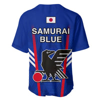 Blue soccer baseball jersey back with V-neck, SAMURAI BLUE text, JFA crest, red stripes