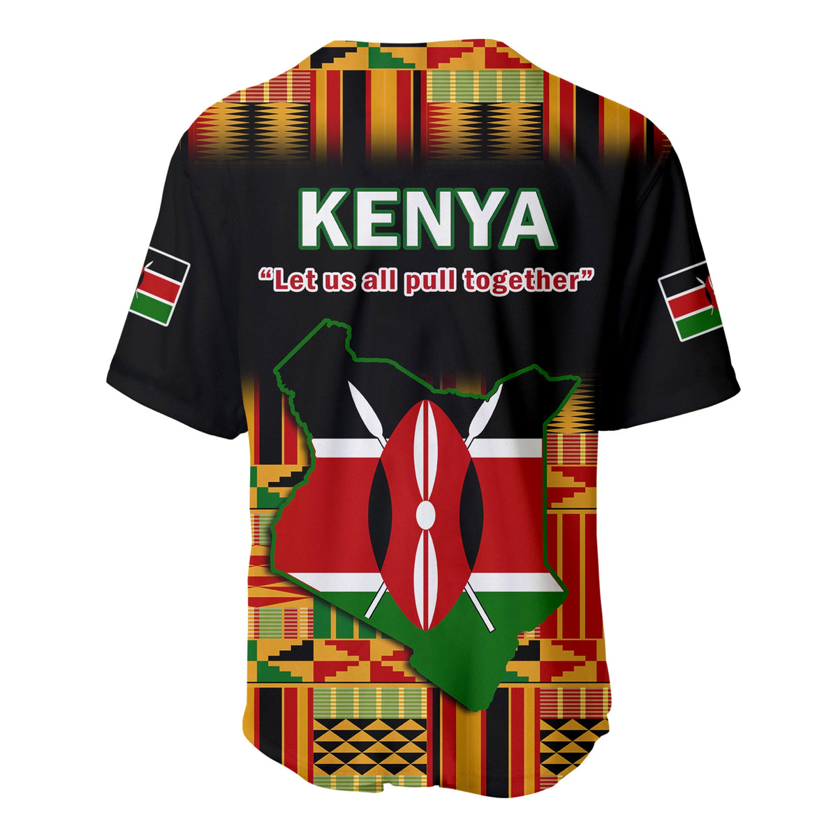 Black baseball jersey back with KENYA text, quote, and shield-and-map Kenya graphic