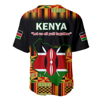 Black baseball jersey back with KENYA text, quote, and shield-and-map Kenya graphic