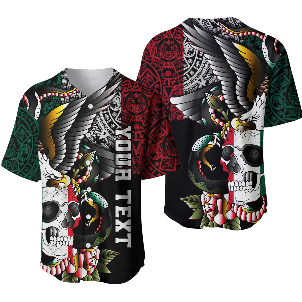 Black baseball jersey with colorful eagle, skull, and serpent artwork; short sleeves.
