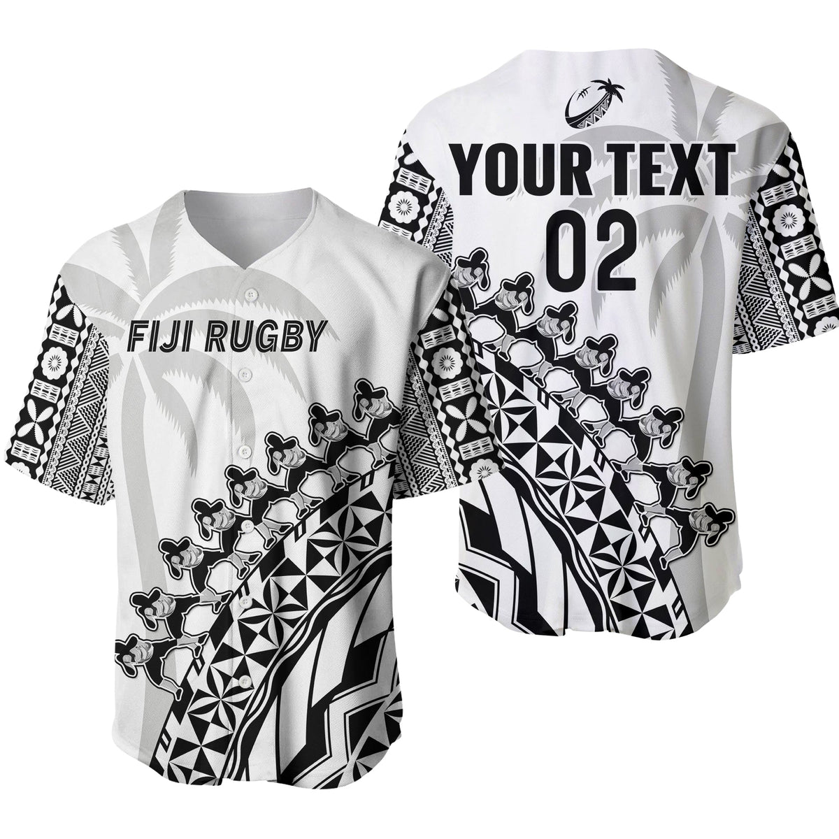 White custom rugby baseball jersey set: front FIJI RUGBY, back YOUR TEXT 02
