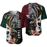Black baseball jersey with colorful eagle, skull, and serpent artwork; short sleeves.