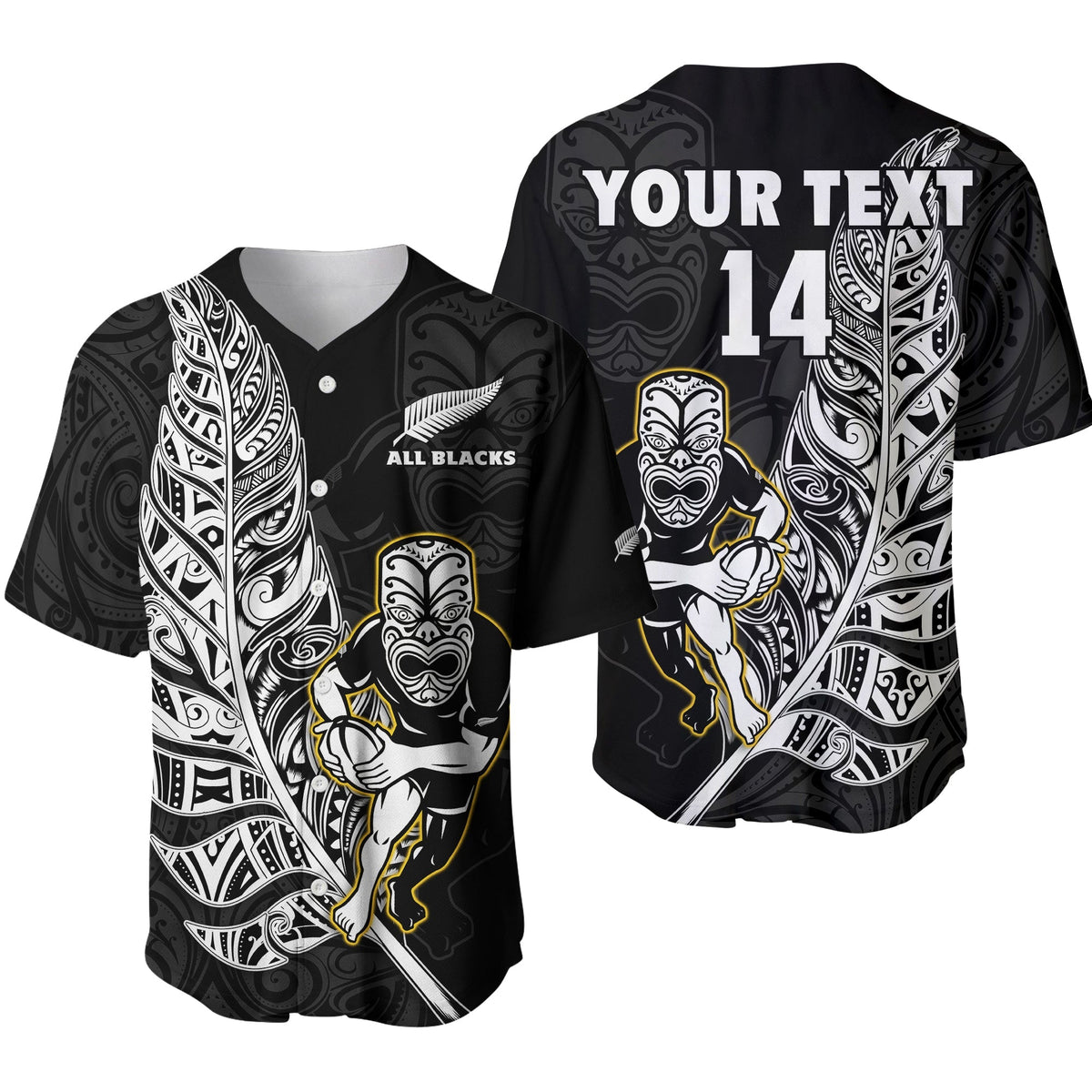 Black rugby baseball jersey with Maori patterns, 'YOUR TEXT' and number 14 on back