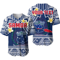 Blue Samoa baseball jersey, SAMOA front and YOUR TEXT back, plumeria flower print