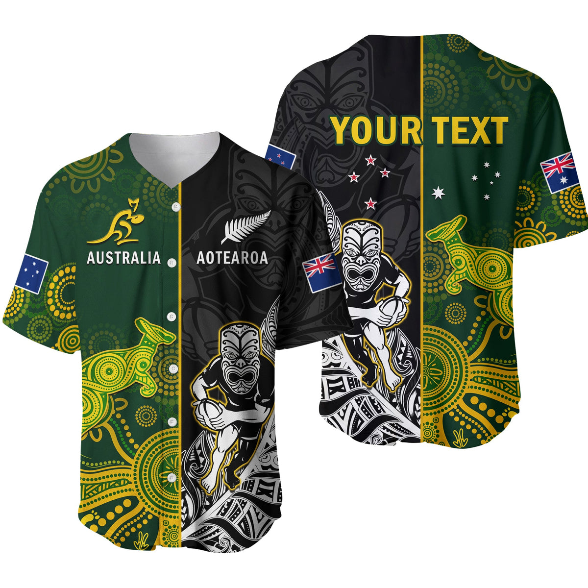 Black and green Australia Aotearoa rugby baseball jersey, short sleeves, button front.