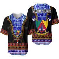 Black baseball jersey, Atoghu-style Cameroon pattern, button front and patterned sleeves