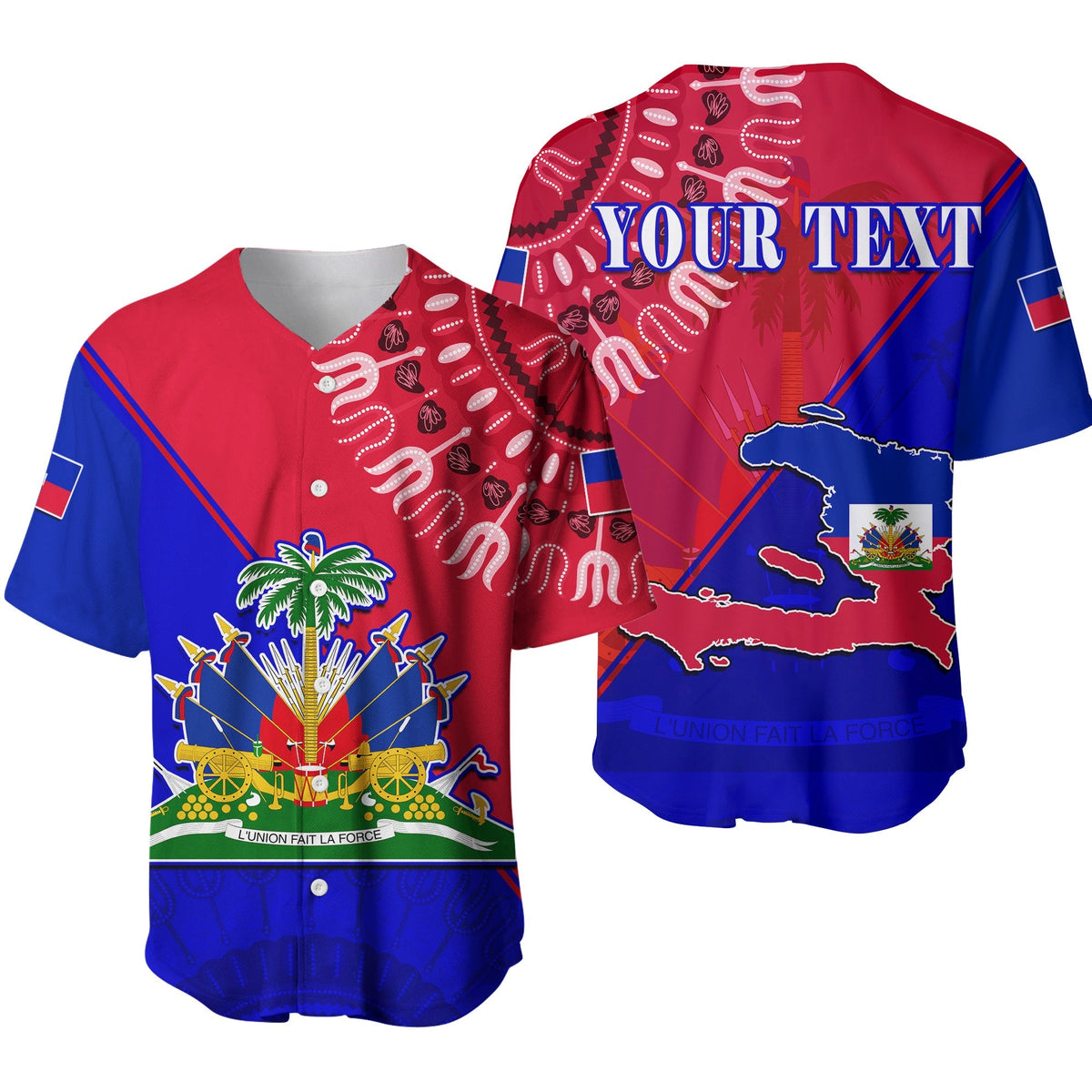 Rot-blaues Baseball-Trikot mit Haiti-Flaggen-Grafik und Palm-Emblem