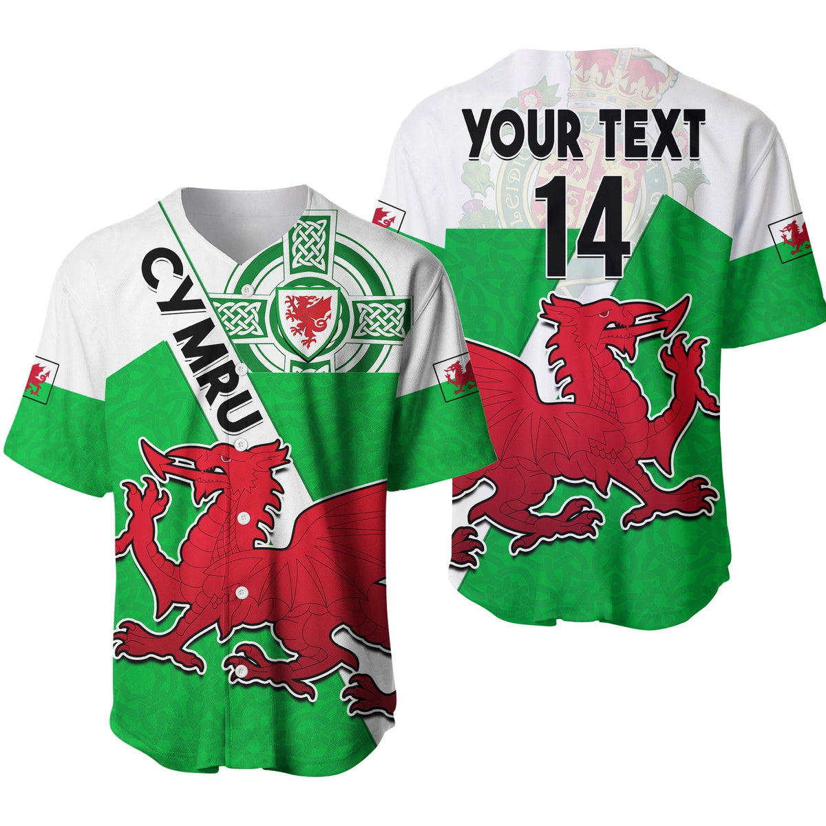 Green Wales baseball jersey with red dragon crest, Celtic knot pattern, custom text.