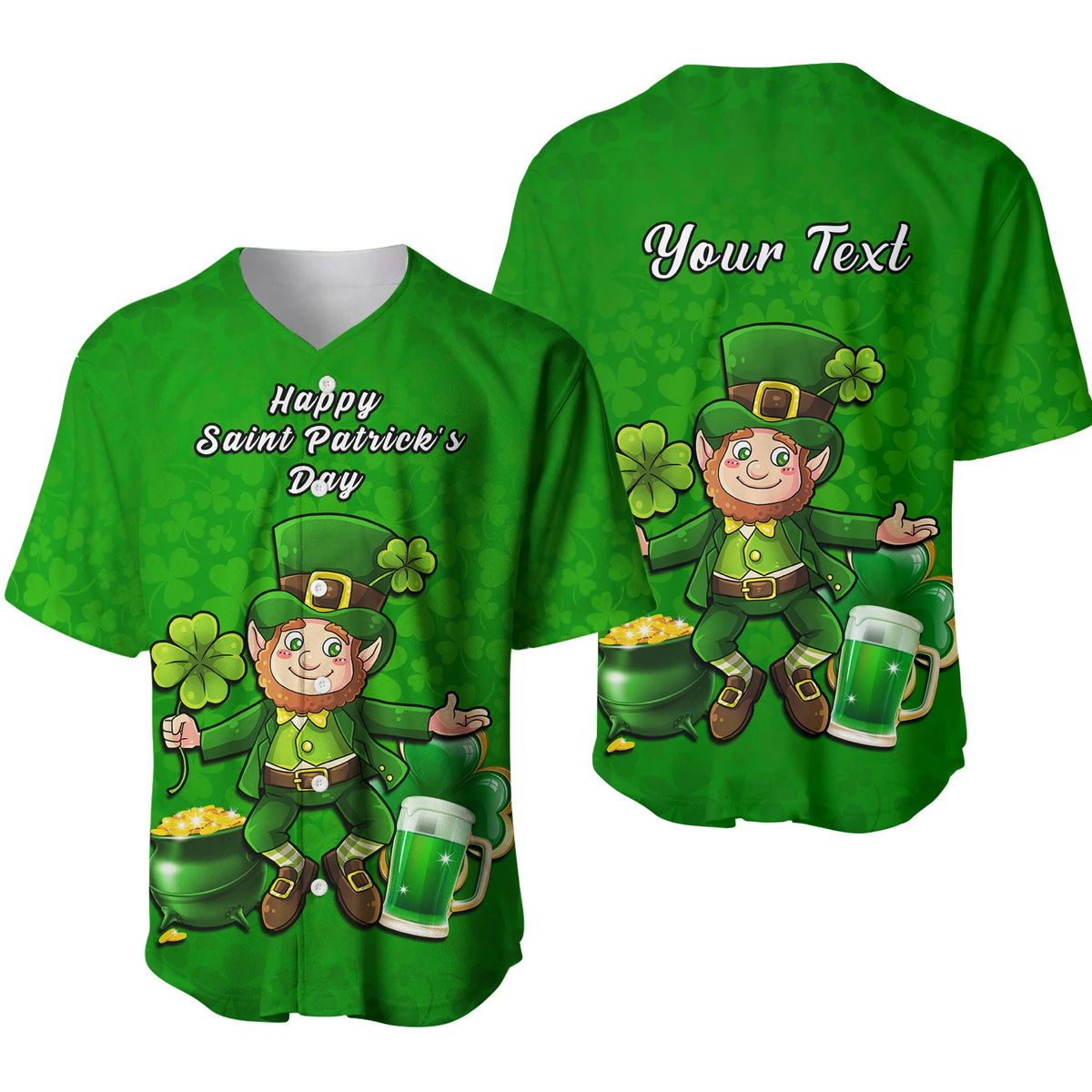 Green custom baseball jersey with leprechaun, shamrocks, and 'Happy Saint Patrick's Day' print
