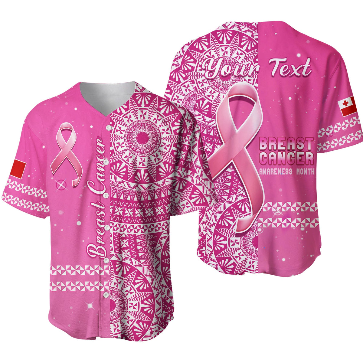 Pink baseball jersey with white geometric pattern and pink breast cancer ribbon graphic
