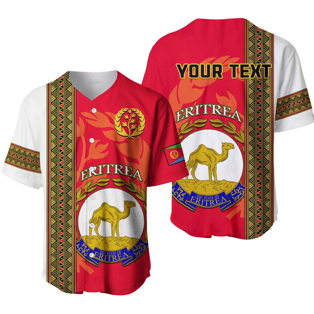 Red Eritrea baseball jersey with lion crest, flame graphic, and patterned trim