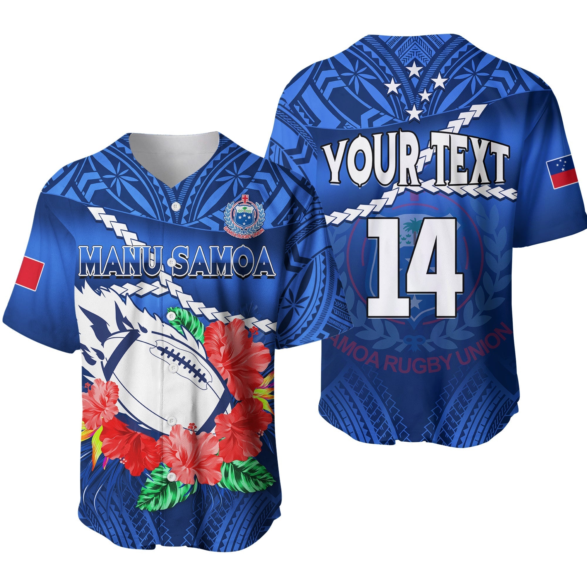 (Custom Text And Number) Samoa Rugby Baseball Jersey Manu Samoa Polynesian Hibiscus Blue Style - Wonder Print Shop