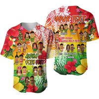 Aloha Poly Fest baseball jersey, red yellow green tropical floral Polynesian design