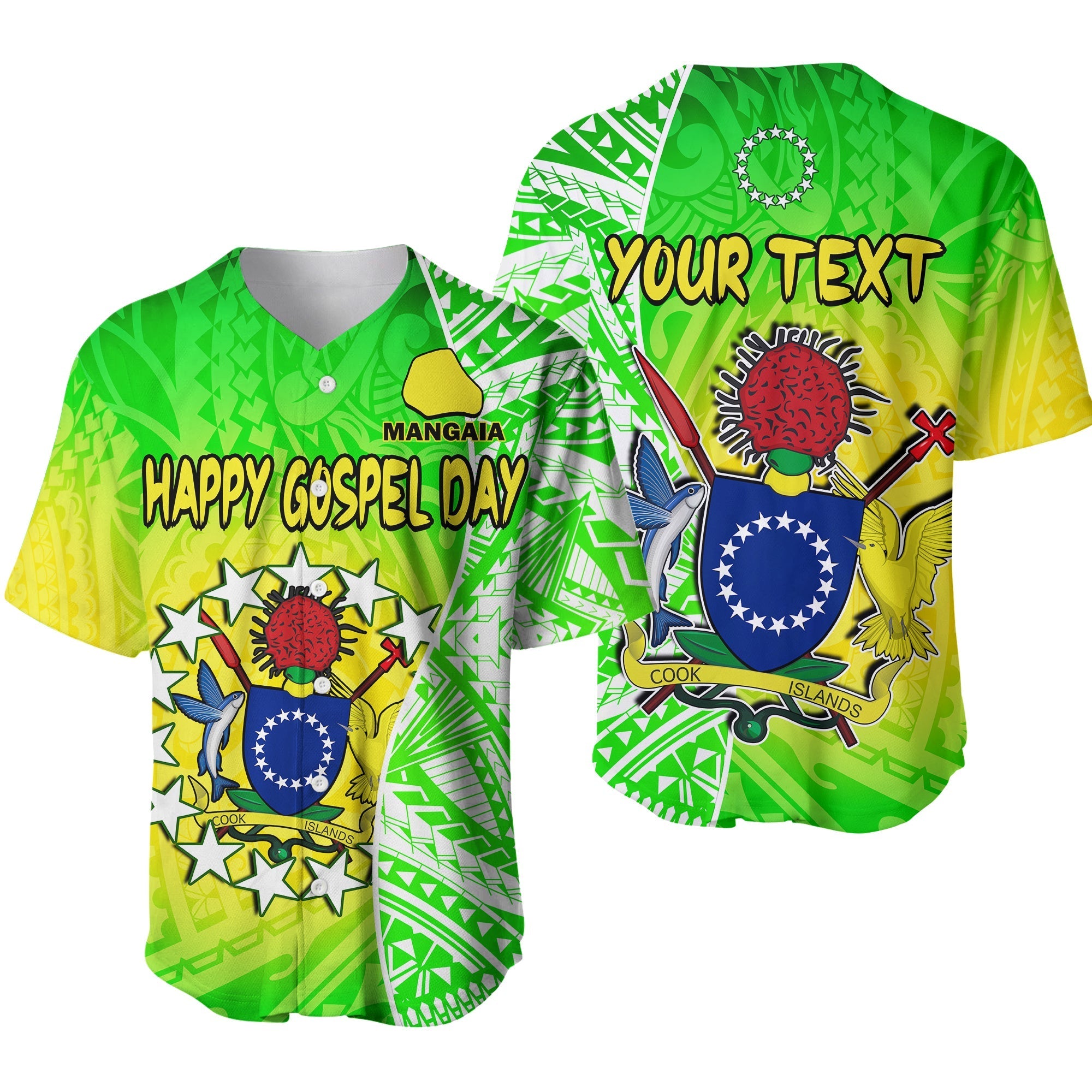 (Custom Personalised) Happy Mangaia Gospel Day Baseball Jersey Cook Islands Coat Of Arms Polynesian Pattern - Wonder Print Shop