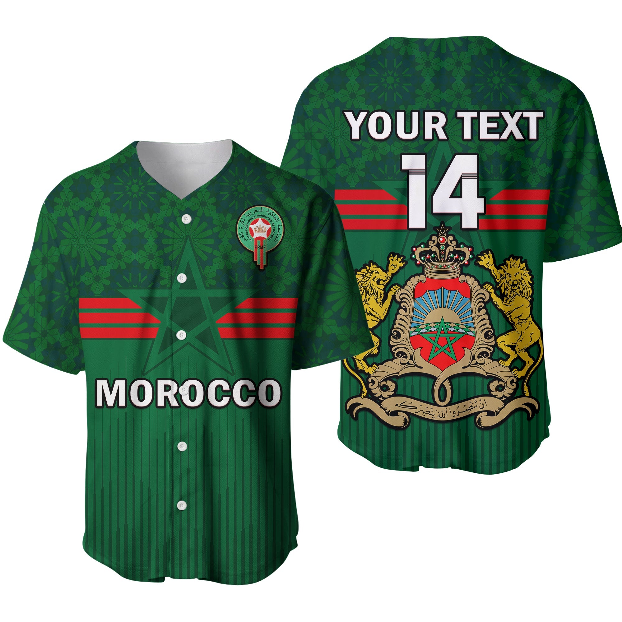 (Custom Text And Number) Morocco Football Baseball Jersey World Cup 2022 Green Moroccan Pattern - Wonder Print Shop