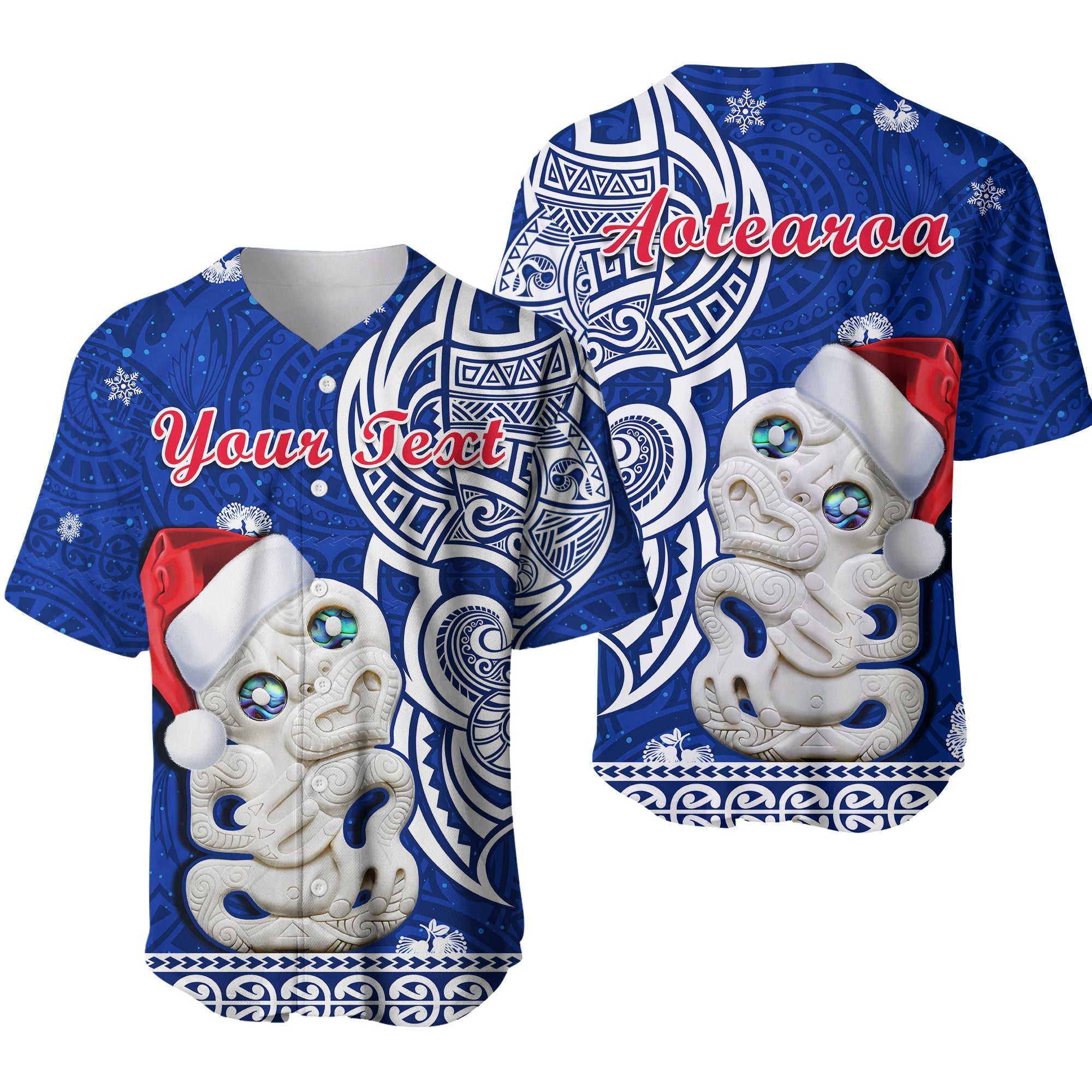 Custom Personalised New Zealand Christmas Baseball Jersey Hei Tiki Blue Pohutukawa Meri Kirihimete - Wonder Print Shop