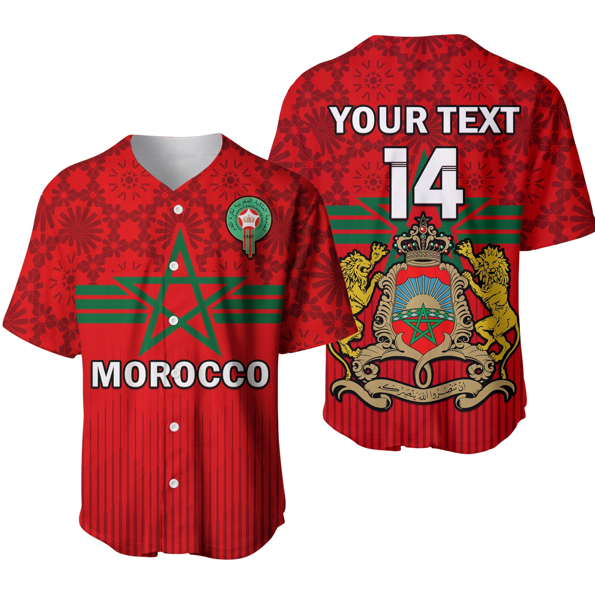 (Custom Text And Number) Morocco Football Baseball Jersey World Cup 2022 Red Moroccan Pattern - Wonder Print Shop