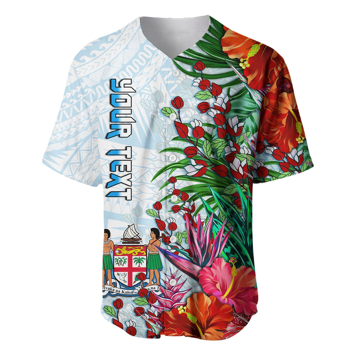 Light blue Fiji baseball jersey with red, green floral print and sleeve pattern