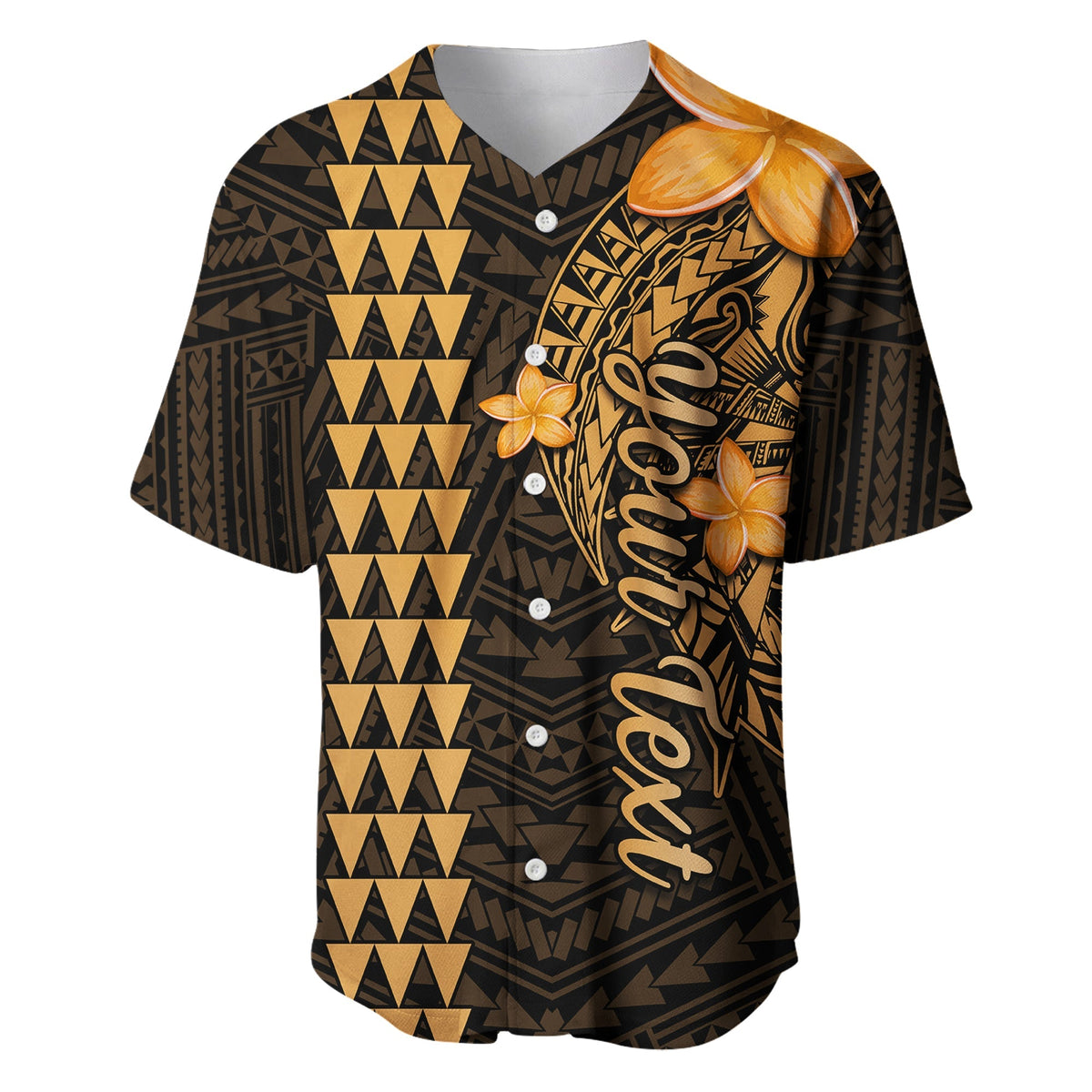 Custom Hawaii baseball jersey with gold-and-black tribal shark graphic, button front