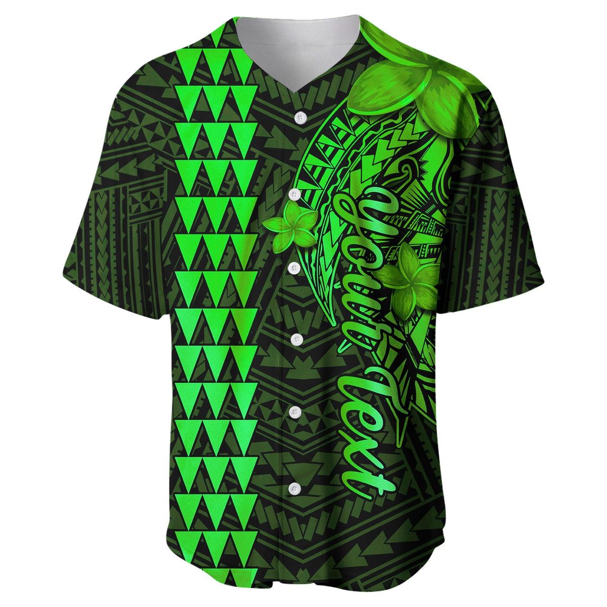 Green and black baseball jersey with button placket and tribal shark graphic, short sleeves