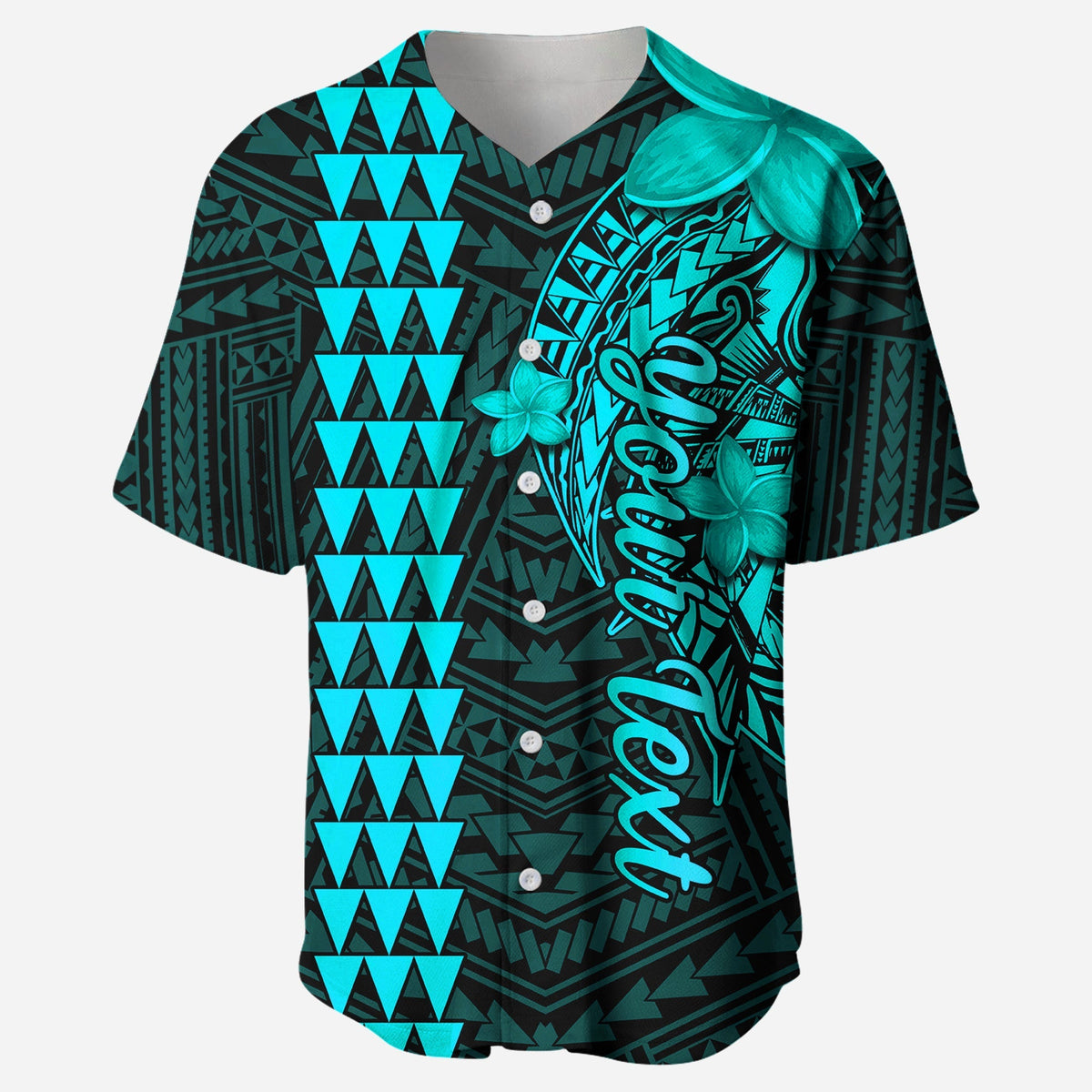 Turquoise and dark green tropical baseball jersey with front button placket and shark graphic
