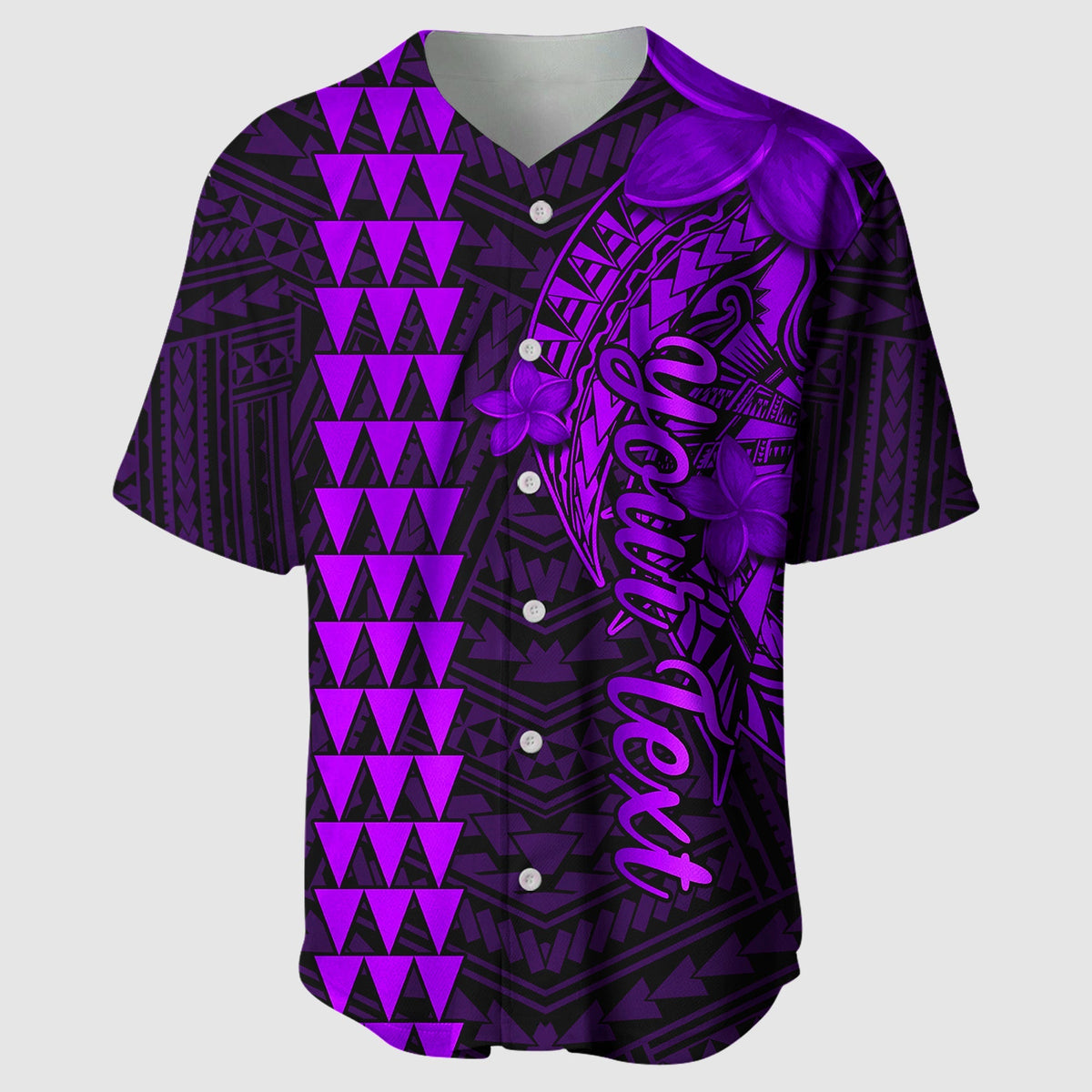 Purple Hawaii baseball jersey with geometric tiki pattern and button-front