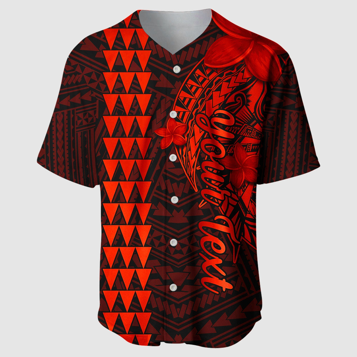 Red-and-black baseball jersey with button placket, geometric tribal pattern, shark graphic