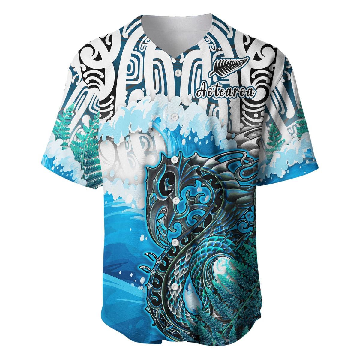 Blue custom baseball jersey with v-neck, white button placket, Maori wave and fish graphic