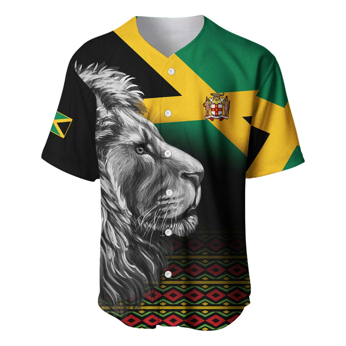 Black baseball jersey with green and yellow panels, lion head front and colorful hem stripe