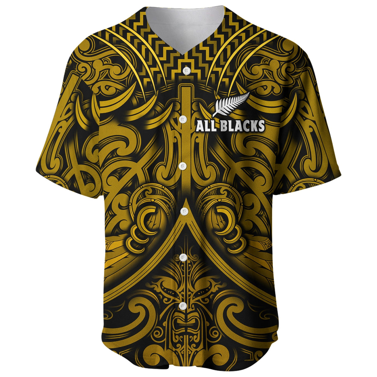 Gold and black All Blacks rugby baseball jersey with button front, Maori swirl pattern