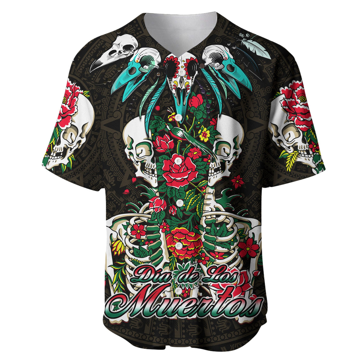 Black baseball jersey with skull and floral Dia de los Muertos graphic, V-neck