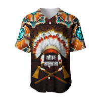 Black baseball jersey front with Native American headdress, feather crown, and crossed axes