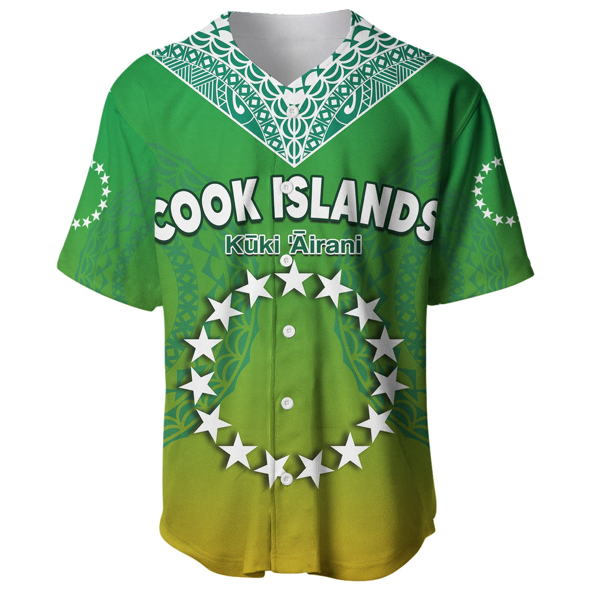 Green baseball jersey with V-neck trim, 'Cook Islands' text, turtle-and-star circle design