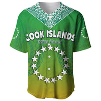 Green baseball jersey with V-neck trim, 'Cook Islands' text, turtle-and-star circle design