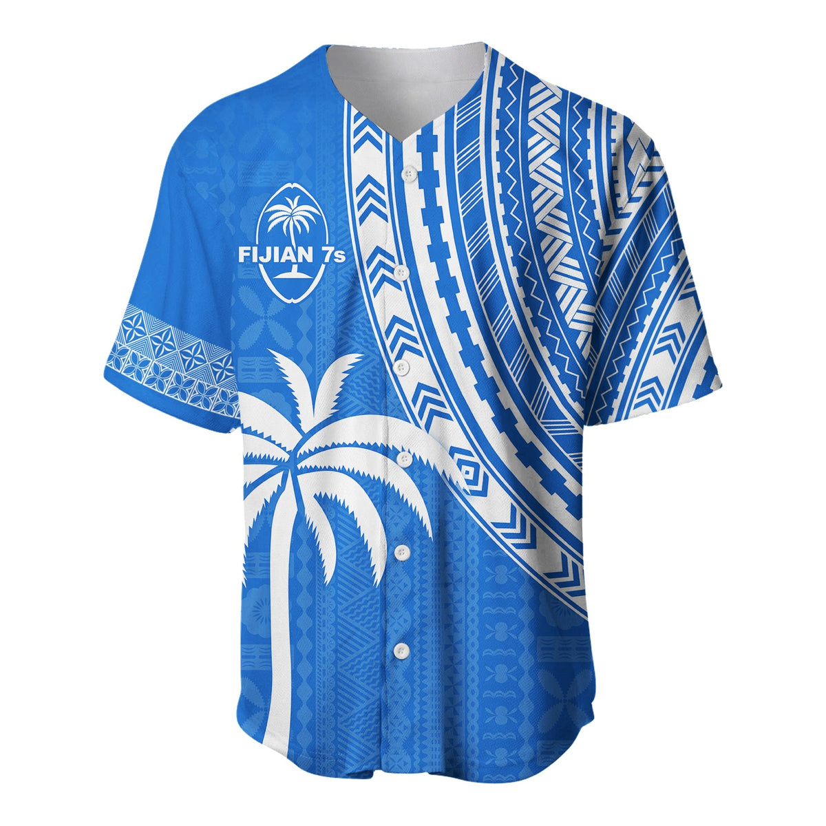 Blue Fiji 7s rugby baseball jersey with Fijian tapa pattern and palm graphic