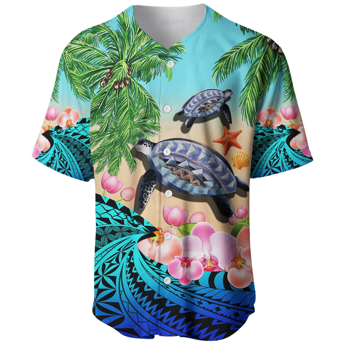 Blue button-front baseball jersey with large turtle, starfish, palm leaves, orchid blossoms
