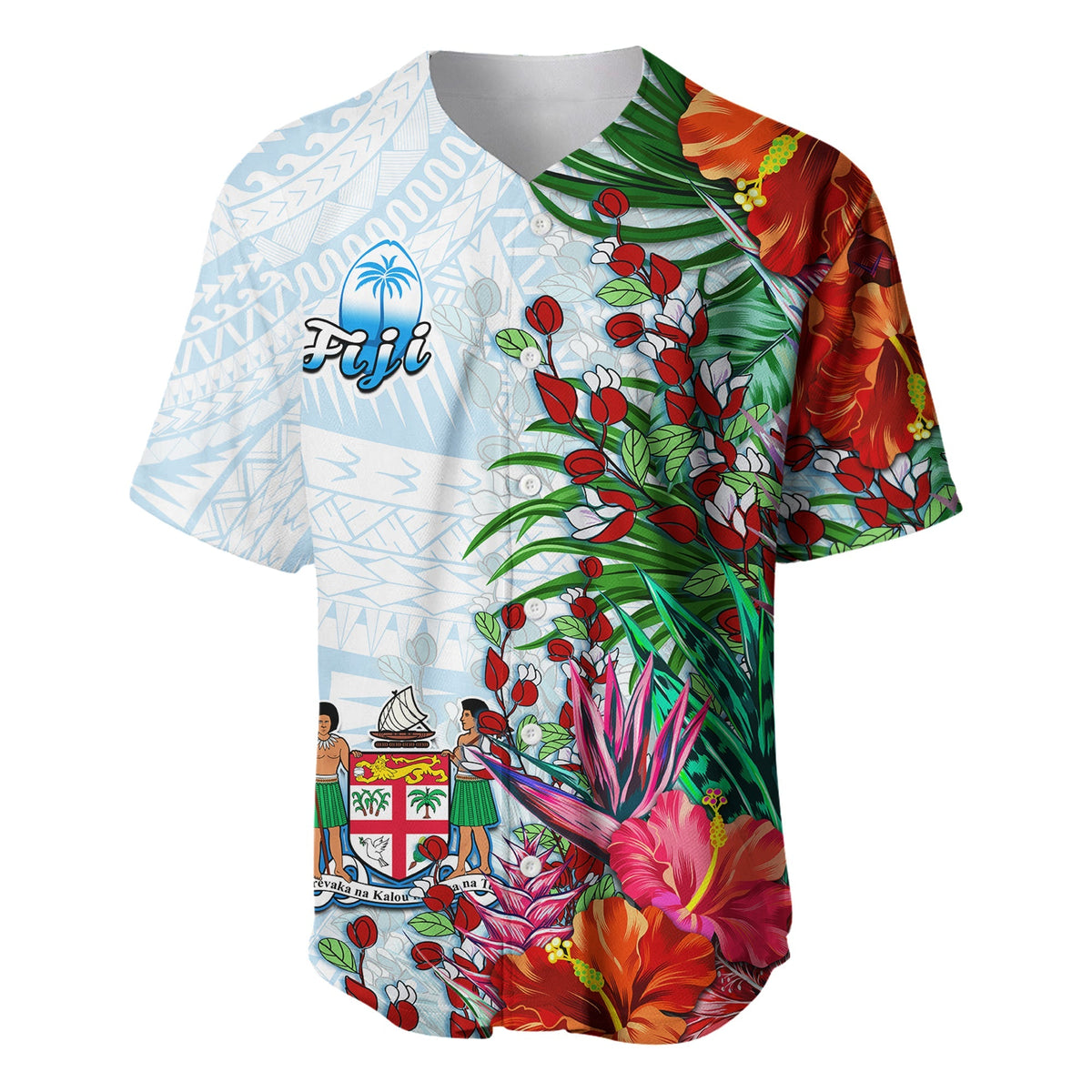 Fiji baseball jersey with tropical floral print and light blue tapa patterns, button-front