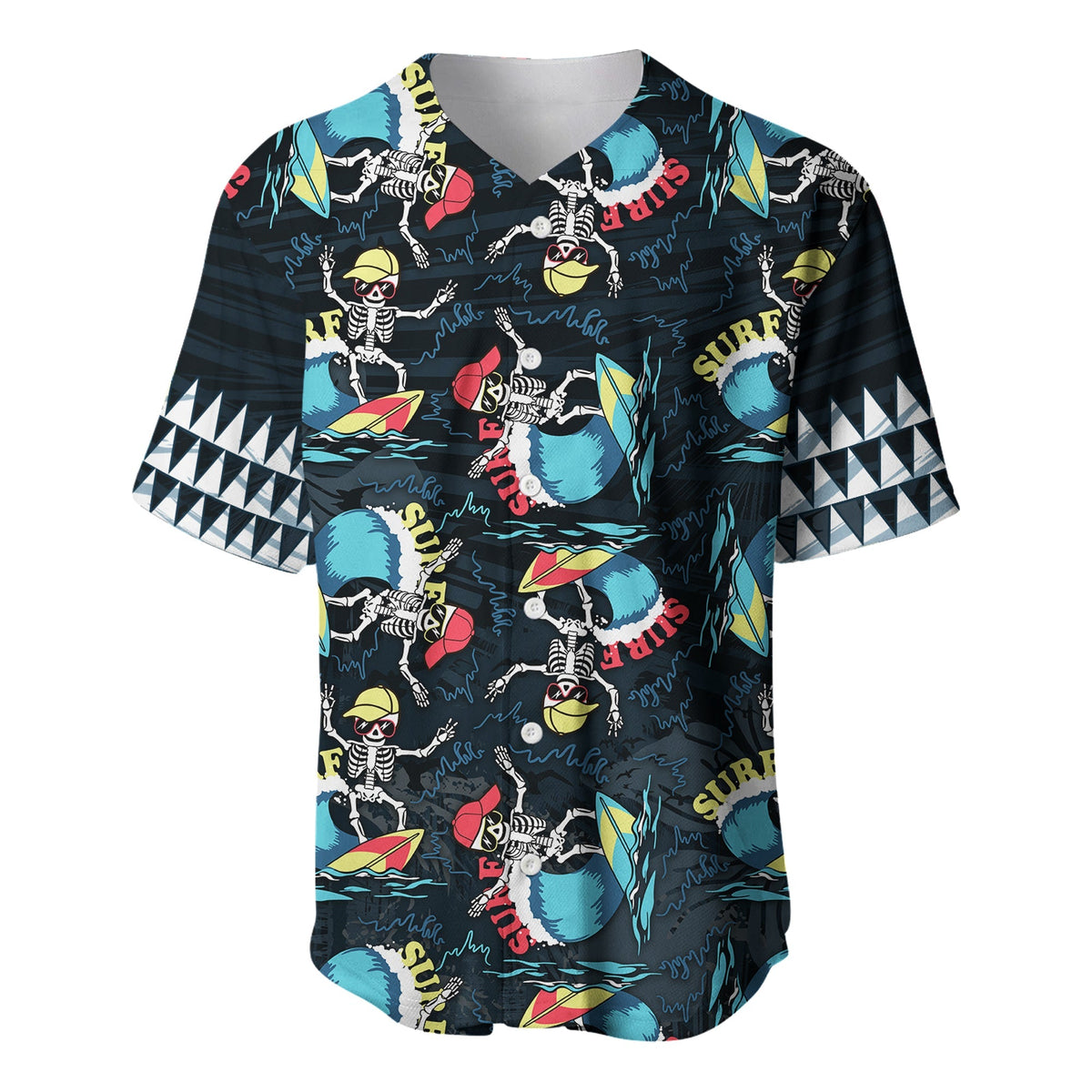 Black surf baseball jersey with skeleton graphic, surfboards and waves