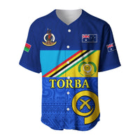 Blue baseball jersey with TORBA print, Vanuatu crest, Australia flag on sleeve