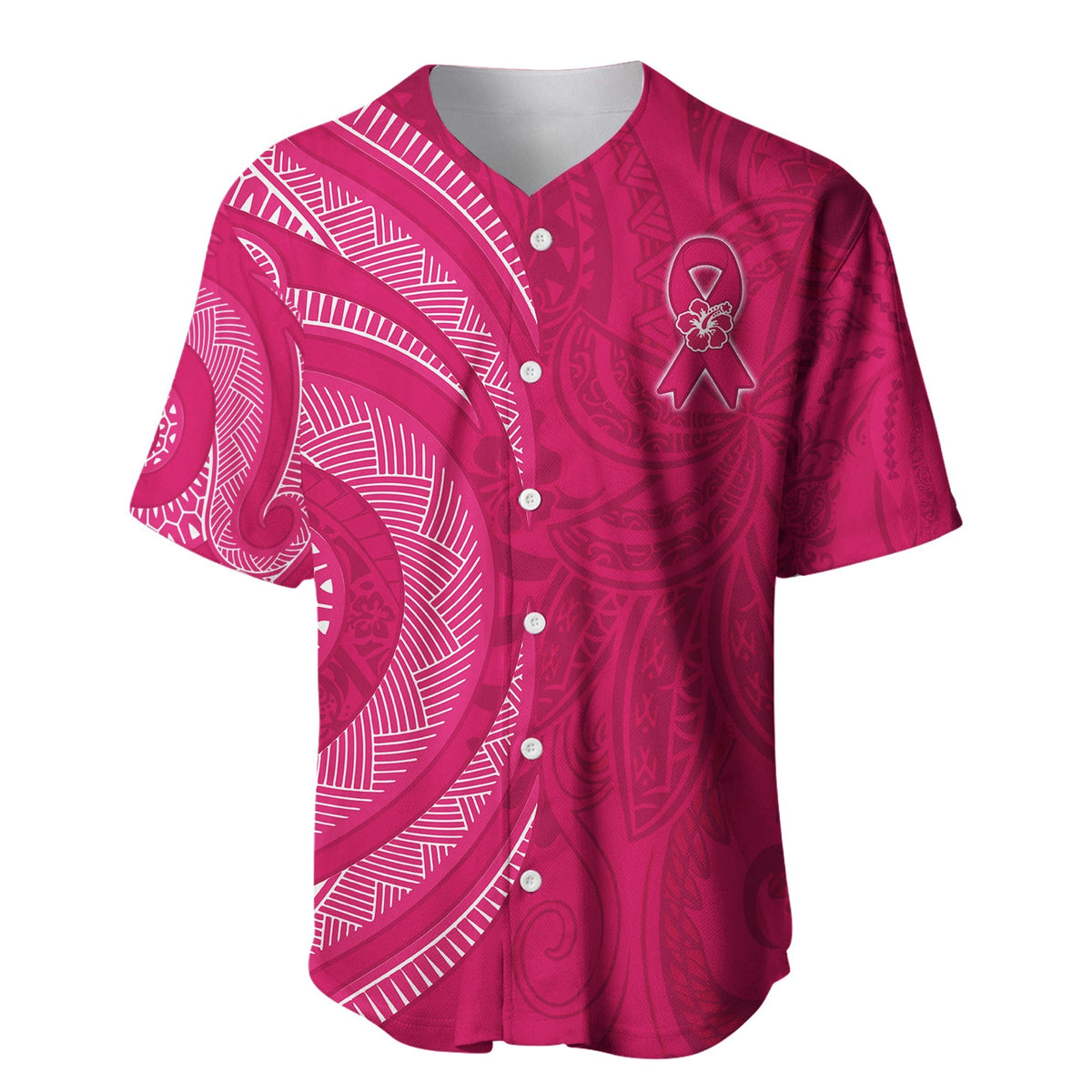 Pink breast cancer awareness baseball jersey, front button placket with ribbon badge