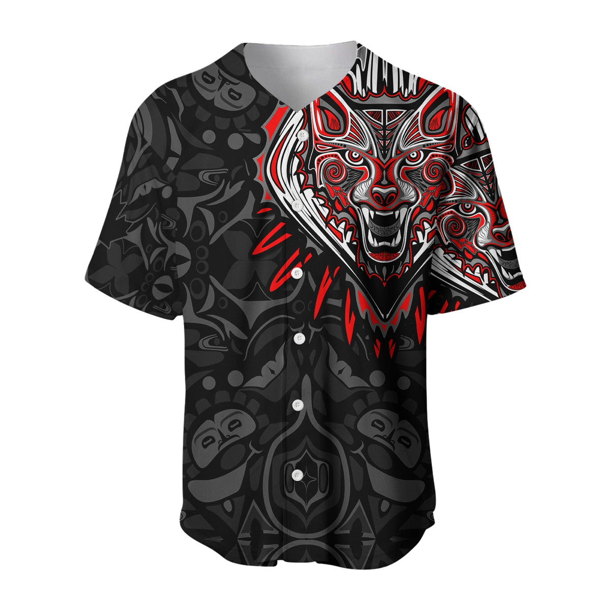 Black Canada baseball jersey front with red/white wolf face and button placket