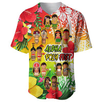 Reggae Aloha Poly Fest baseball jersey, front graphic with aloha text and flower border