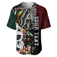 Black baseball jersey with front panel print of eagle, skull, and serpent; button placket.