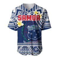 Blue front Samoa baseball jersey with Samoa name, plumeria flowers, and tribal geometric bands
