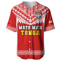Red rugby baseball jersey with button front and bold Mate Maa Tonga graphic