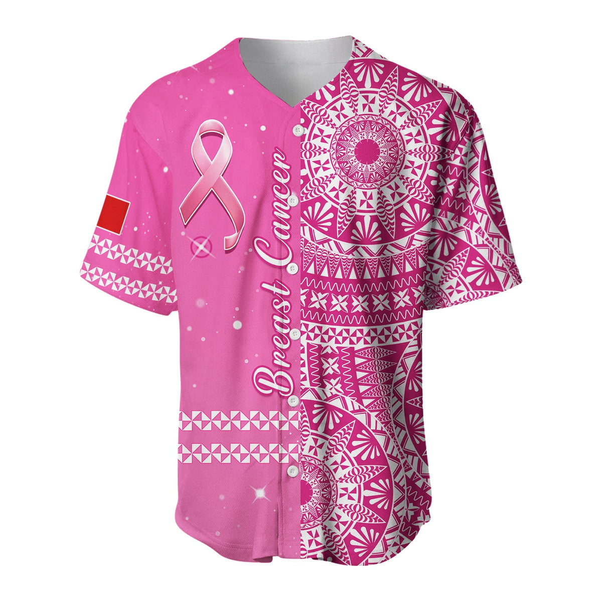 Pink breast cancer baseball jersey with white ribbon and Tongan-style patterned front